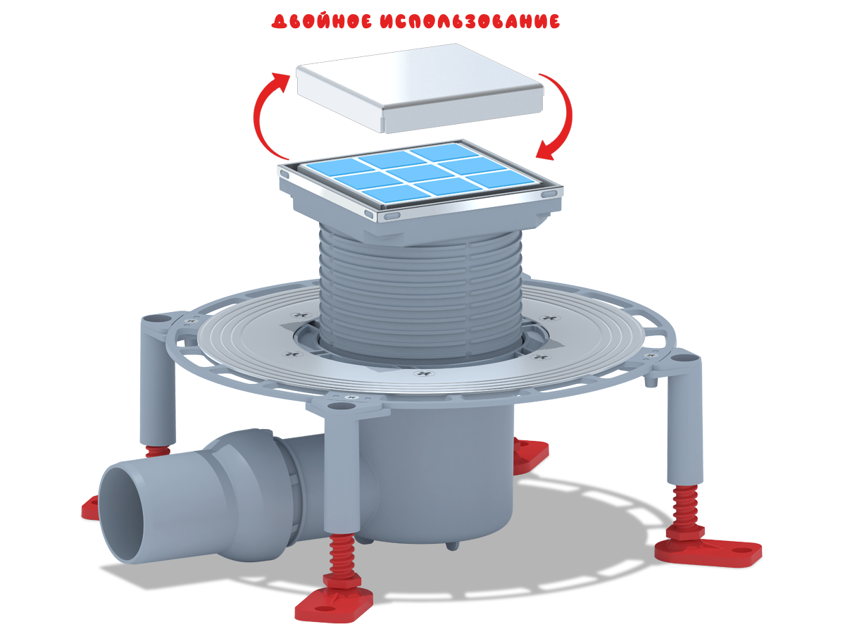 Трап для душа АНИ Пласт THZ5802 DN50 горизонтальный регулируемый с комбинированным затвором и решёткой из нержавеющей стали 100х100 мм под плитку