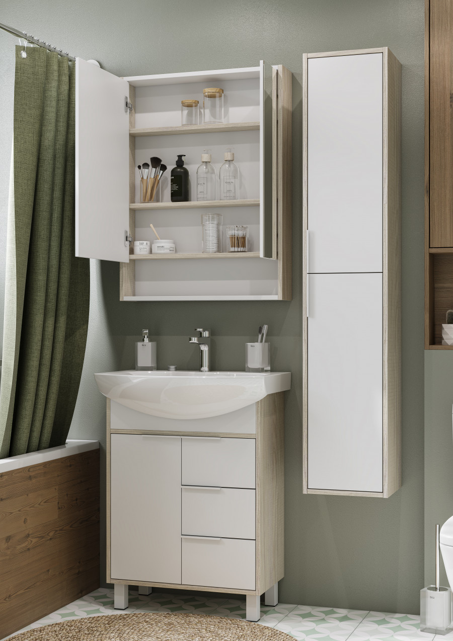 Зеркальный шкаф РИКО 65, белый, ясень фабрик