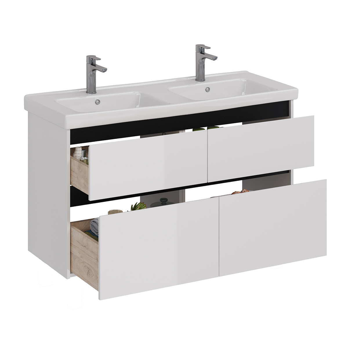 Тумба Lemark COMBI 125 см под 2 раковины, подвесная/напольная,4 ящика, цвет планки: Чёрный, цвет кор