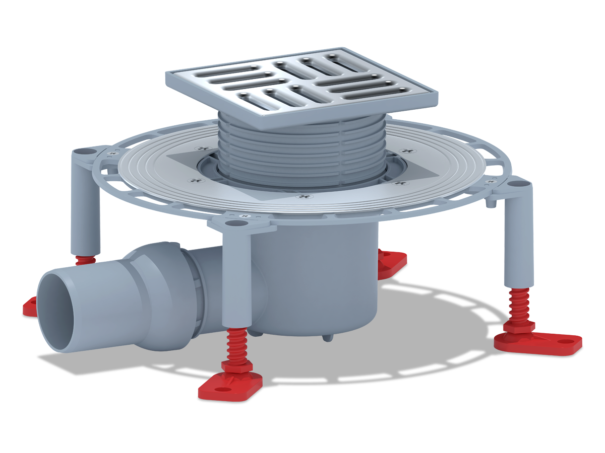 Трап горизонтальный регулируемый АНИ Пласт THA5614 выпуск 50 мм с решеткой из нержавеющей стали 120х120 мм