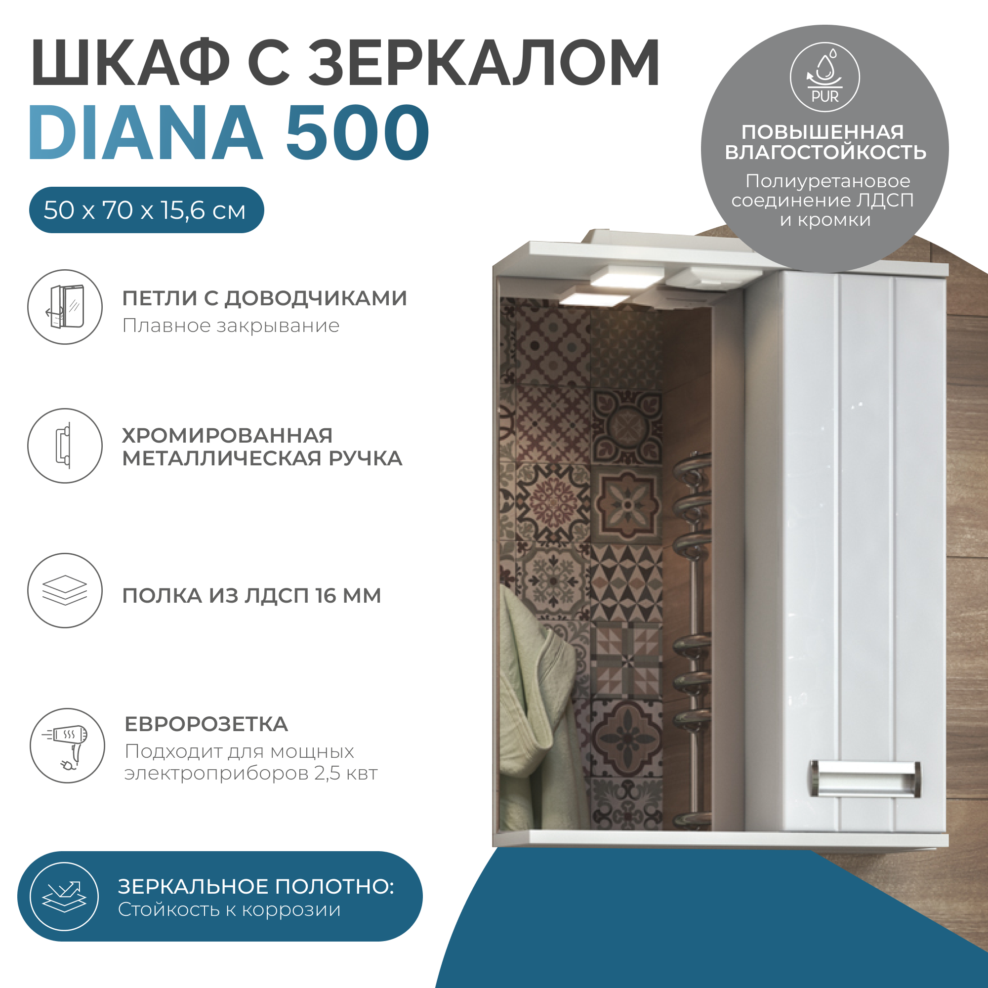 Зеркало со шкафом VIGO Diana 50 подвесное белый (z.DIA.50.R.El)