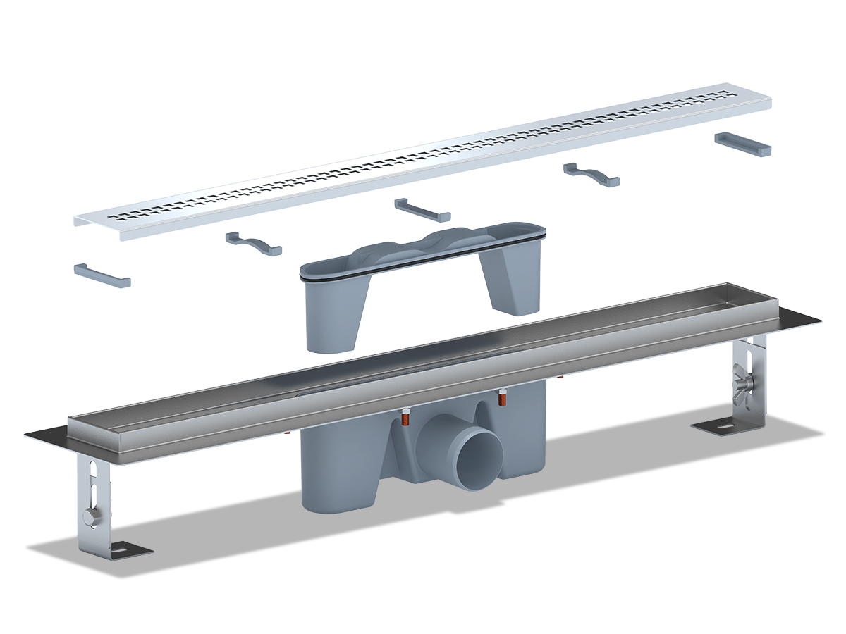 Трап линейный из нержавеющей стали АНИ Пласт TL2265G выпуск 50 мм решётка Риф глянцевая 650 мм