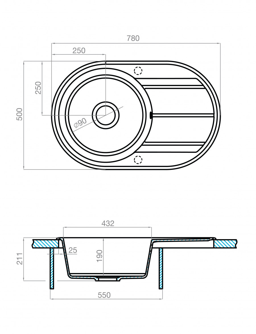Мойка для кухни  Амира  780x500x211 мм, круглая с крылом, серый шелк