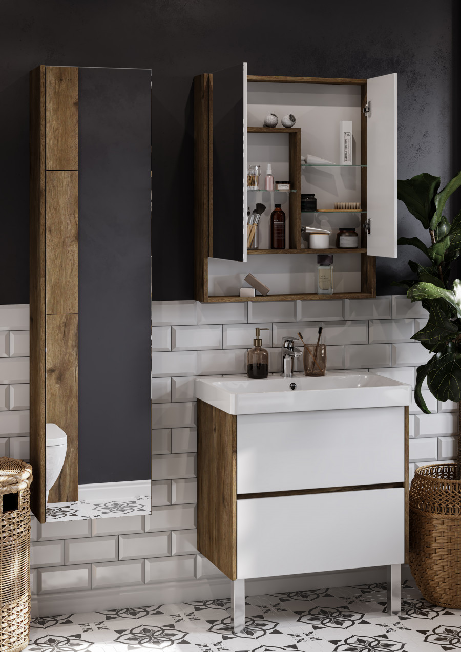 Зеркальный шкаф СКАНДИ 70, белый, дуб рустикальный