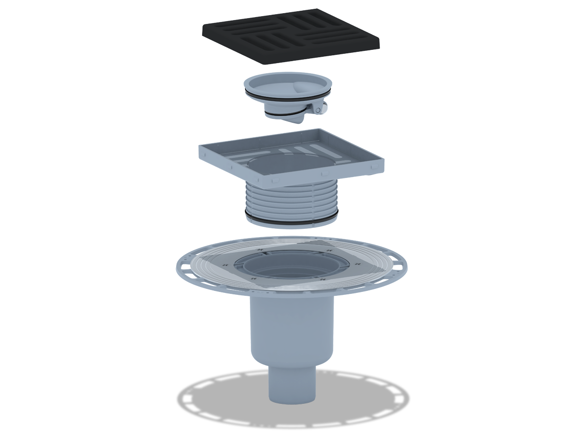 Трап для душа АНИ Пласт THQ5716 DN50 вертикальный регулируемый с сухим затвором и решёткой из чугуна 150х150 мм