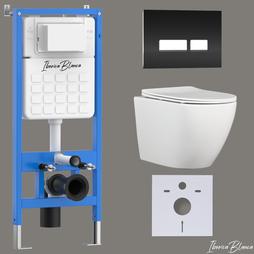 Комплект 3в1 IBERICA BLANCA инсталляция SILENCIO, унитаз BILBAO ALTO белый, кнопка смыва CRYSTAL-R черный (IB001.BLA.234.2211)