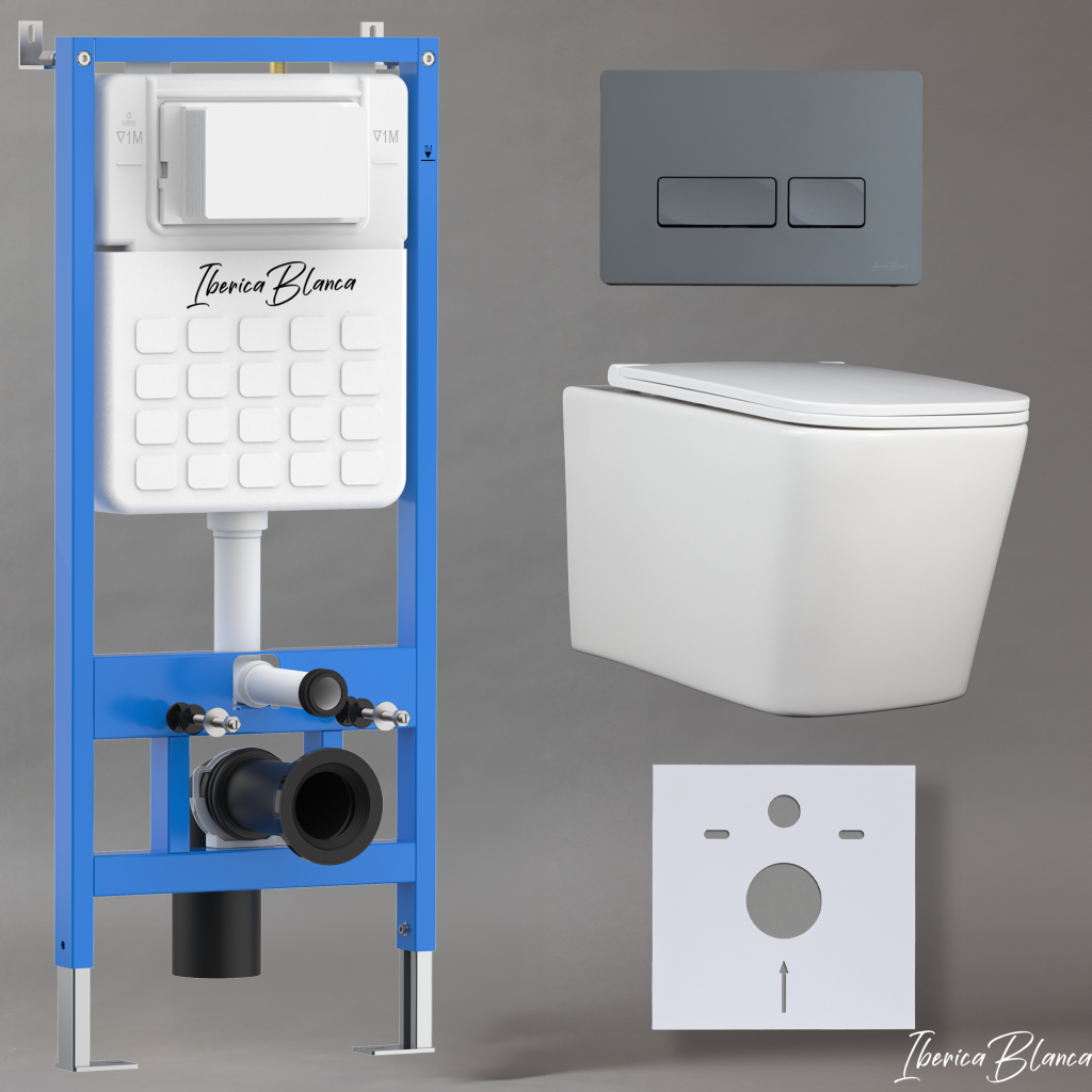 Комплект 3в1 IBERICA BLANCA инсталляция SILENCIO, унитаз TOLEDO ALTO белый, кнопка смыва ESTI-R серый матовый (IB001.TLA.234.218)