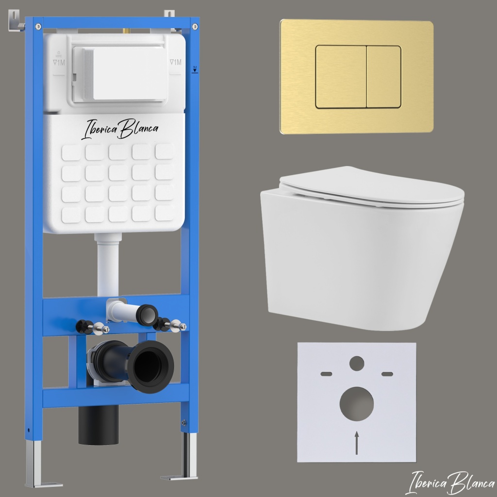 Комплект 3в1 IBERICA BLANCA инсталляция SILENCIO, унитаз BURGOS ALTO белый, кнопка смыва INOX-C золото матовое (IB001.BRA.234.1150)