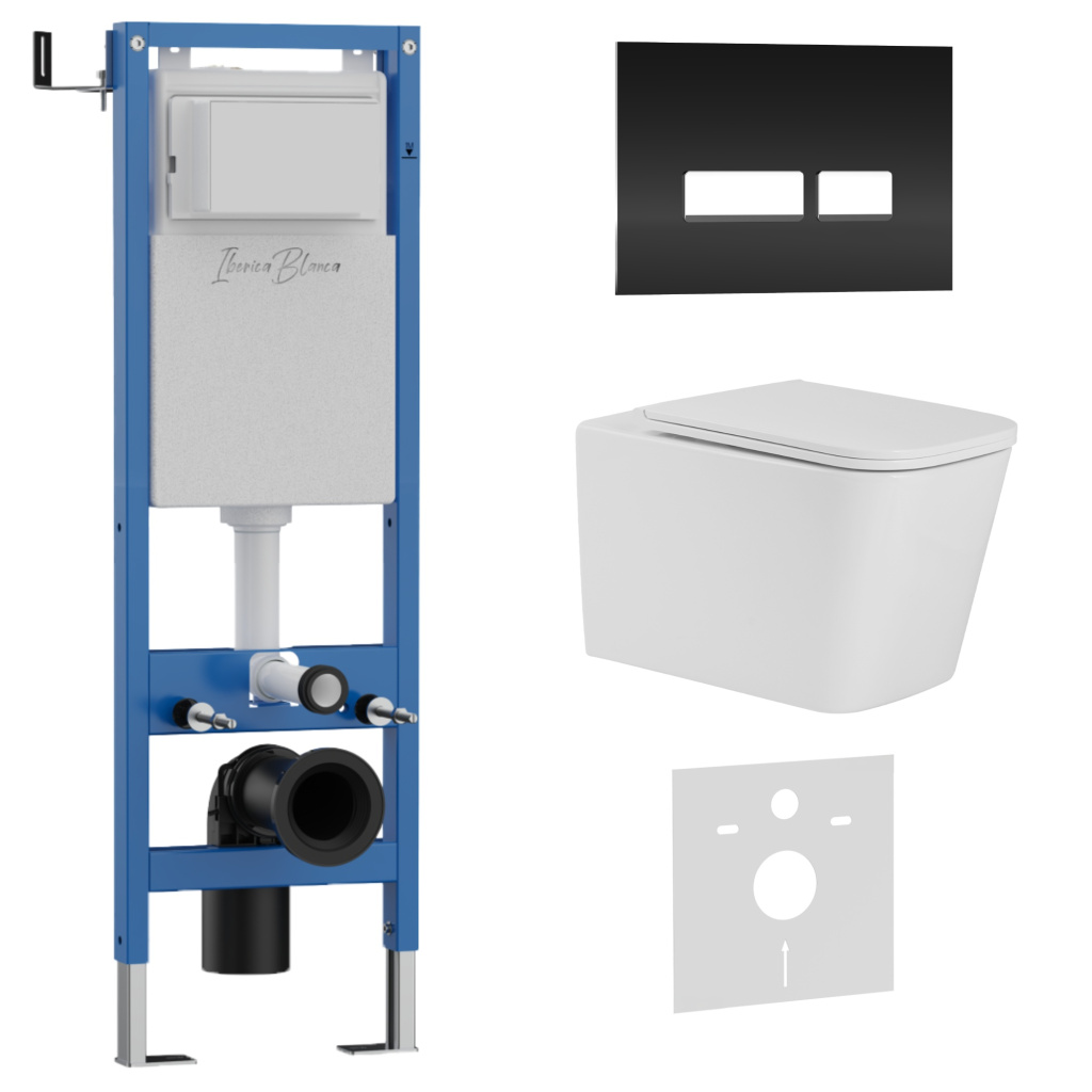 Комплект 3в1 IBERICA BLANCA инсталляция SILENCIO MINI, унитаз TOLEDO ALTO белый, кнопка смыва CRYSTAL-R черный глянцевый (IB.001M.TLA.234.2211)
