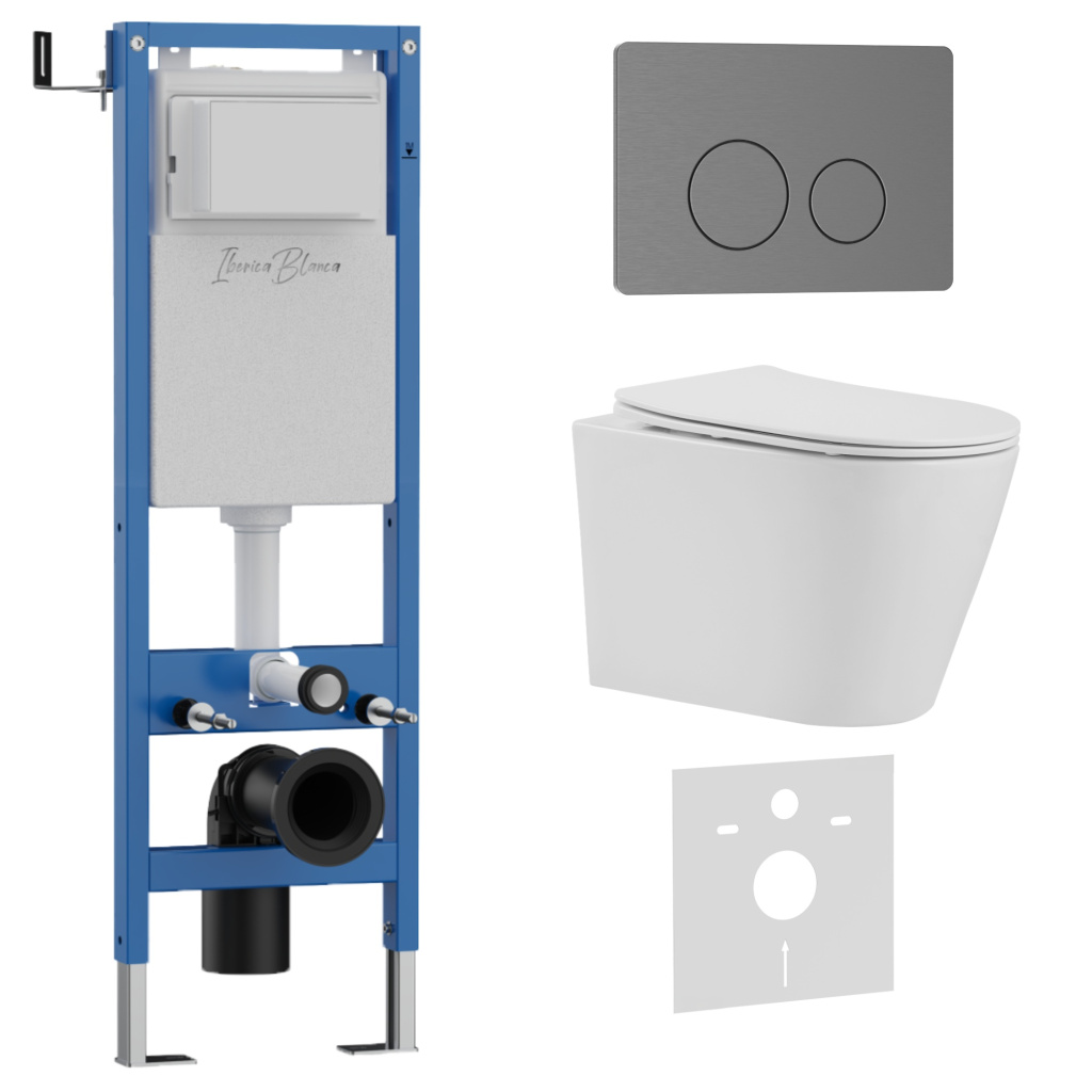 Комплект 3в1 IBERICA BLANCA инсталляция SILENCIO MINI, унитаз BURGOS ALTO белый, кнопка смыва INOX-О вороненая сталь (IB.001M.BRA.234.8180)