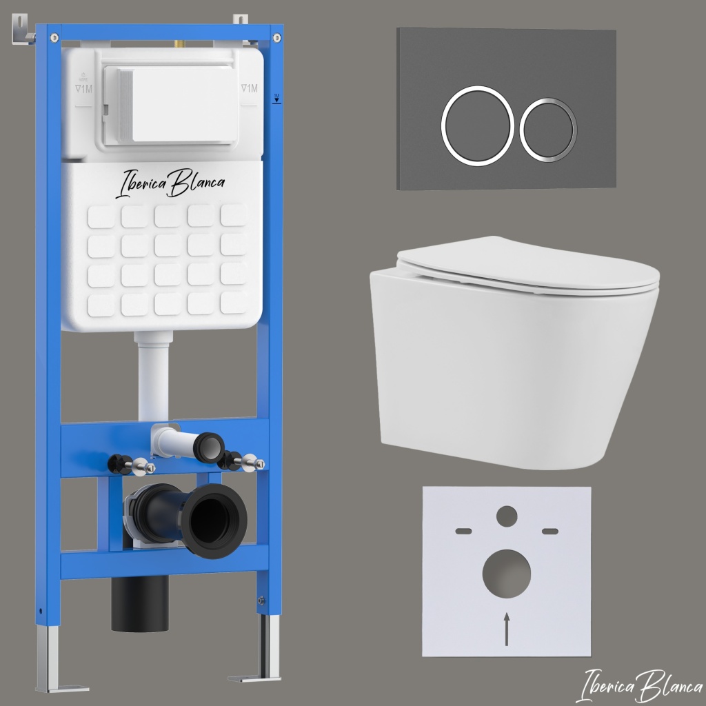 Комплект 3в1 IBERICA BLANCA инсталляция SILENCIO, унитаз BURGOS ALTO белый, кнопка смыва ESTI-O серый матовый (IB001.BRA.234.827)