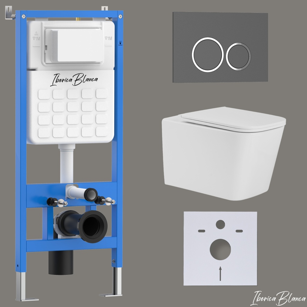 Комплект 3в1 IBERICA BLANCA инсталляция SILENCIO, унитаз TOLEDO ALTO белый, кнопка смыва ESTI-O серый матовый (IB001.TLA.234.827)