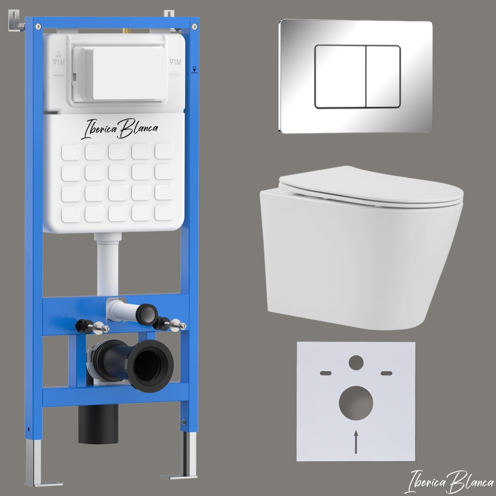 Комплект 3в1 IBERICA BLANCA инсталляция SILENCIO, унитаз BURGOS ALTO белый, кнопка смыва INOX-C хром глянцевый (IB001.BRA.234.1131)