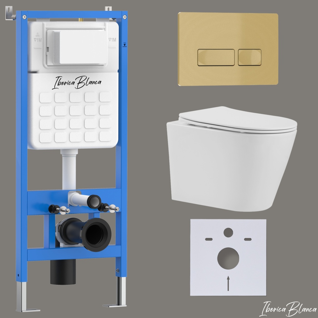 Комплект 3в1 IBERICA BLANCA инсталляция SILENCIO, унитаз BURGOS ALTO белый, кнопка смыва ESTI-R золото матовое (IB001.BRA.234.215)