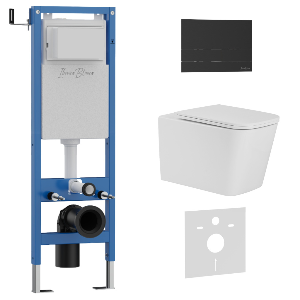 Комплект 3в1 IBERICA BLANCA инсталляция SILENCIO MINI, унитаз TOLEDO ALTO белый, кнопка смыва INOX-S черный матовый (IB.001M.TLA.234.1604)