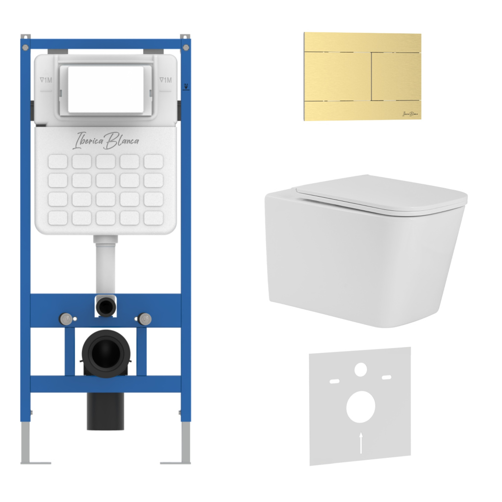 Комплект 3в1 IBERICA BLANCA инсталляция SILENCIO, унитаз TOLEDO ALTO белый, кнопка смыва INOX-R золото матовое (IB001.TLA.234.1503)