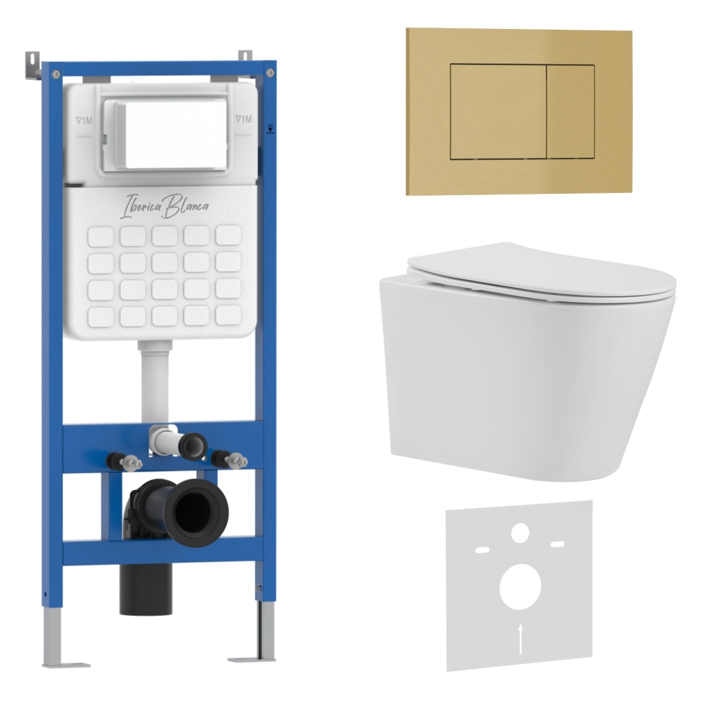 Комплект 3в1 IBERICA BLANCA инсталляция SILENCIO, унитаз BURGOS ALTO белый, кнопка смыва ESTI-S золото матовое (IB001.BRA.234.854)