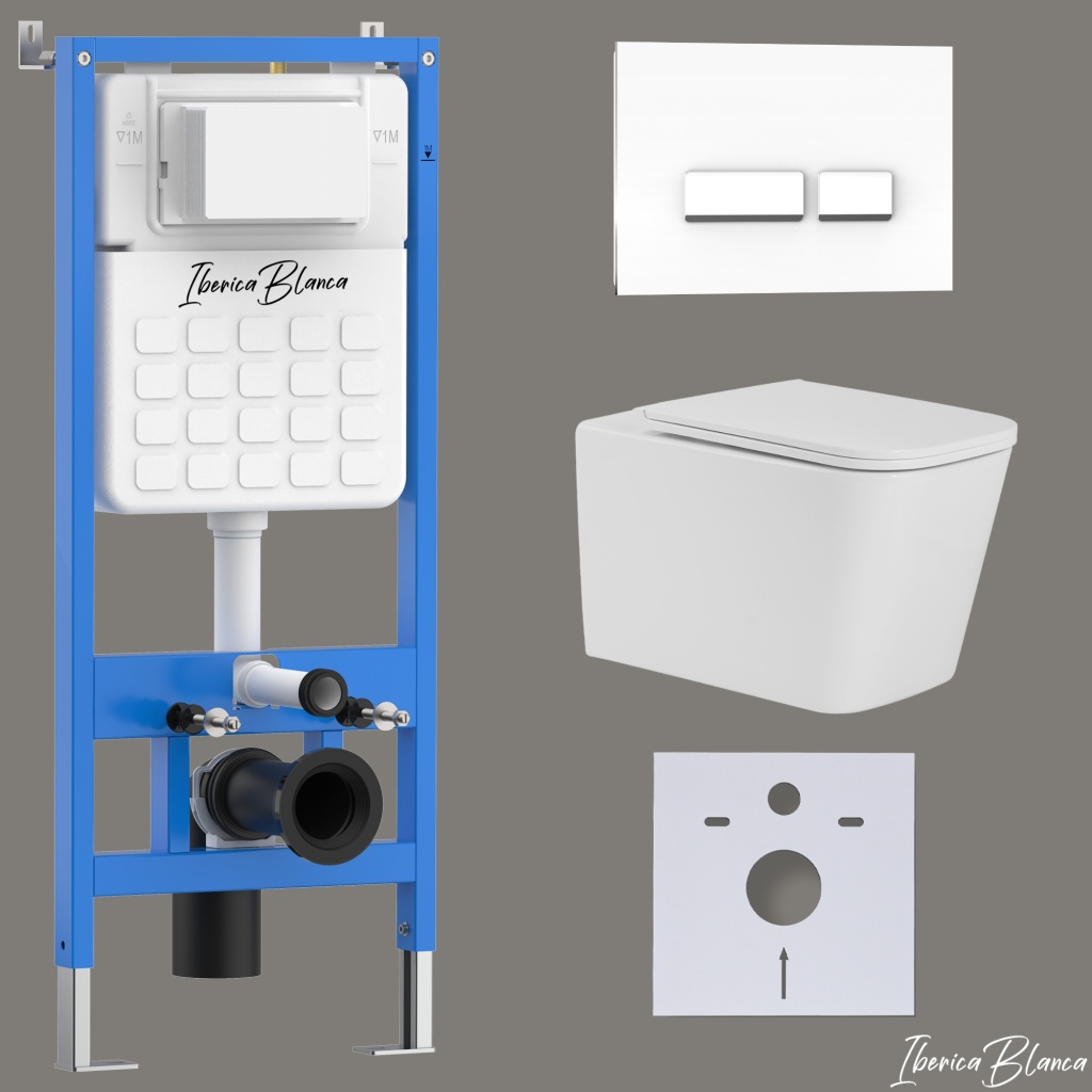 Комплект 3в1 IBERICA BLANCA инсталляция SILENCIO, унитаз TOLEDO ALTO белый, кнопка смыва CRYSTAL-R белый глянцевый (IB001.TLA.234.2210)
