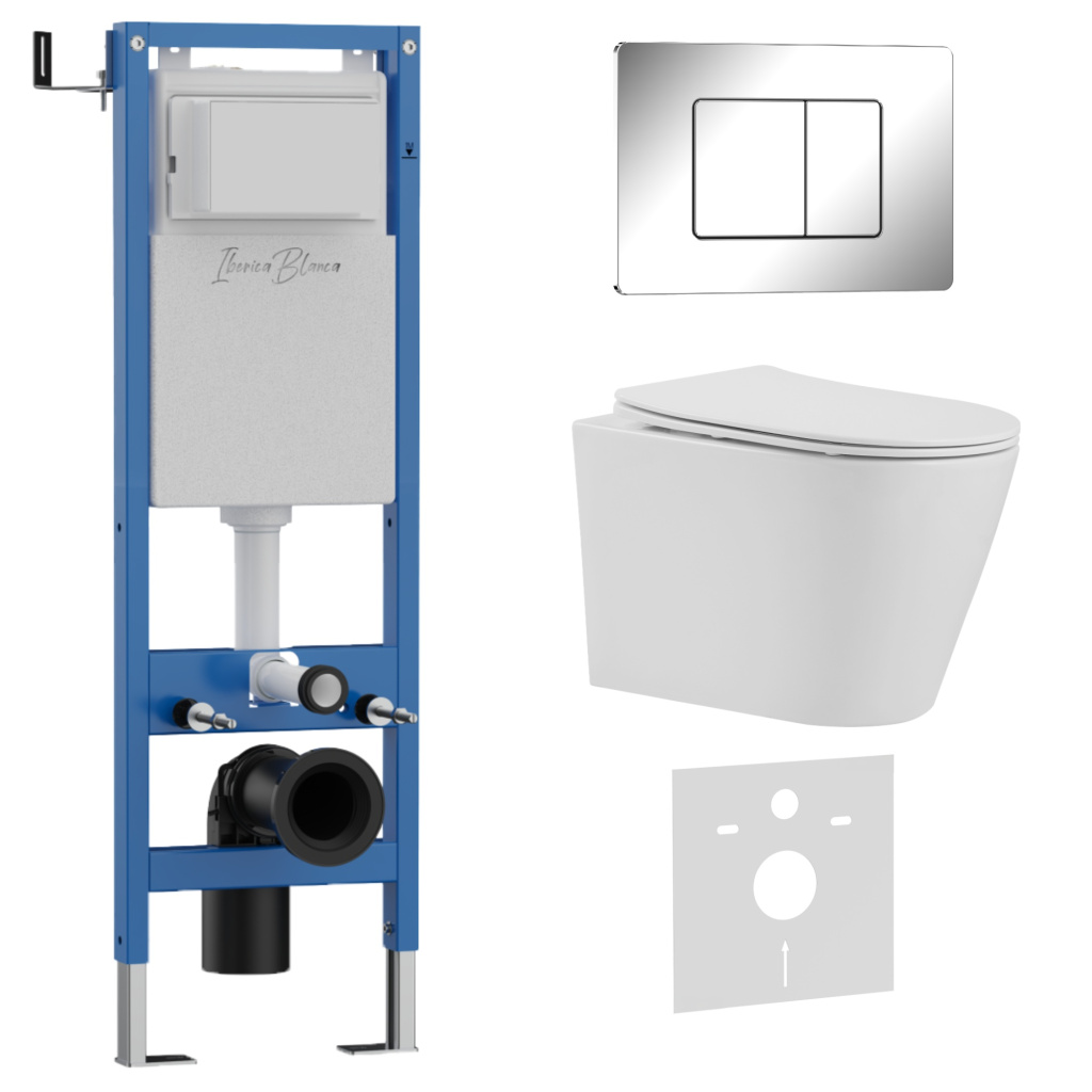 Комплект 3в1 IBERICA BLANCA инсталляция SILENCIO MINI, унитаз BURGOS ALTO белый, кнопка смыва INOX-C хром глянцевый (IB.001M.BRA.234.1131)
