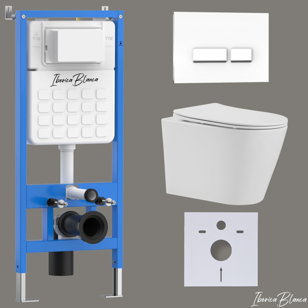 Комплект 3в1 IBERICA BLANCA инсталляция SILENCIO, унитаз BURGOS ALTO белый, кнопка смыва CRYSTAL-R белый глянцевый (IB001.BRA.234.2210)