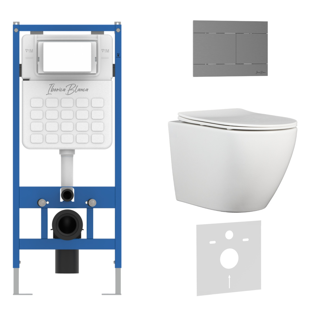 Комплект 3в1 IBERICA BLANCA инсталляция SILENCIO, унитаз BILBAO ALTO белый, кнопка смыва INOX-R вороненая сталь (IB001.BLA.234.1502)