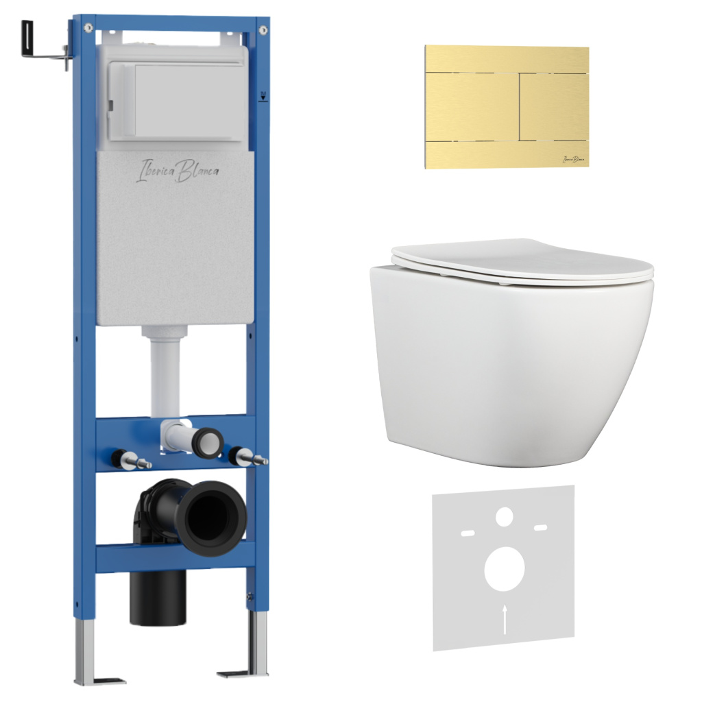 Комплект 3в1 IBERICA BLANCA инсталляция SILENCIO MINI, унитаз BILBAO ALTO белый, кнопка смыва INOX-R золото матовое (IB.001M.BLA.234.1503)