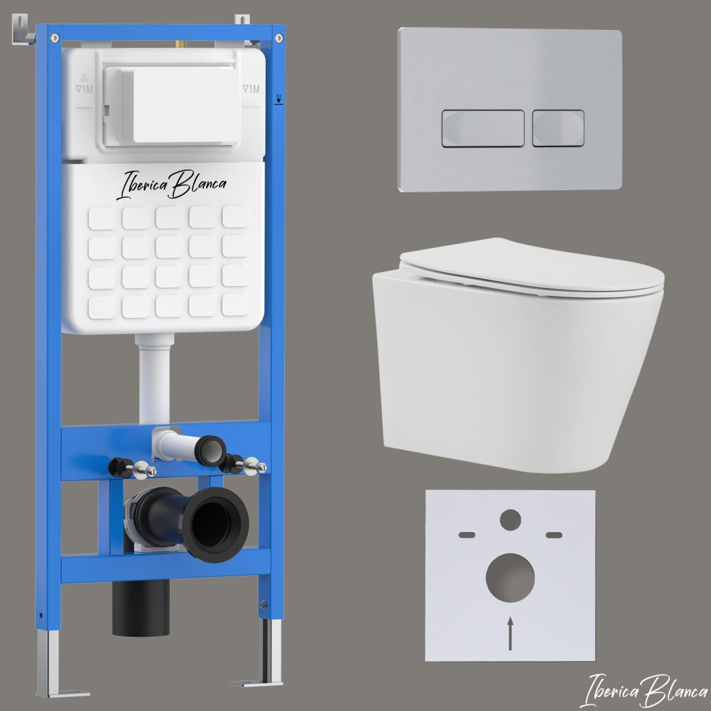 Комплект 3в1 IBERICA BLANCA инсталляция SILENCIO, унитаз BURGOS ALTO белый, кнопка смыва ESTI-R хром матовый (IB001.BRA.234.214)