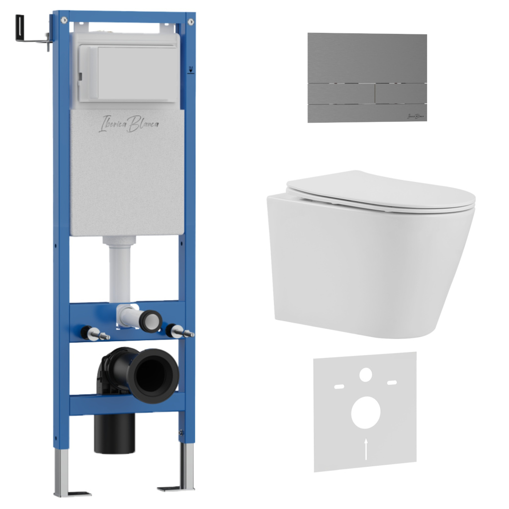 Комплект 3в1 IBERICA BLANCA инсталляция SILENCIO MINI, унитаз BURGOS ALTO белый, кнопка смыва INOX-S вороненая сталь (IB.001M.BRA.234.1602)
