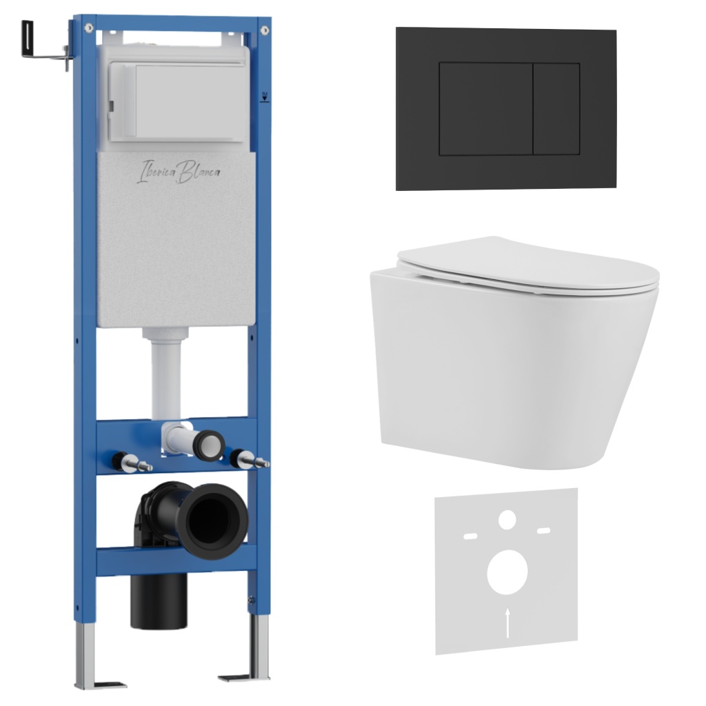 Комплект 3в1 IBERICA BLANCA инсталляция SILENCIO MINI, унитаз BURGOS ALTO белый, кнопка смыва ESTI-S черный матовый (IB.001M.BRA.234.851)