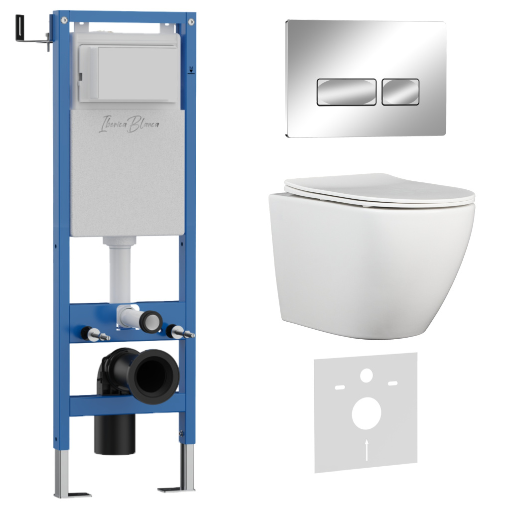 Комплект 3в1 IBERICA BLANCA инсталляция SILENCIO MINI, унитаз BILBAO ALTO белый, кнопка смыва ESTI-R хром глянцевый (IB.001M.BLA.234.213)
