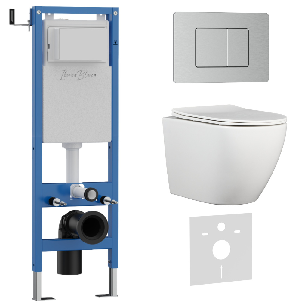 Комплект 3в1 IBERICA BLANCA инсталляция SILENCIO MINI, унитаз BILBAO ALTO белый, кнопка смыва INOX-C хром матовый (IB.001M.BLA.234.1132)
