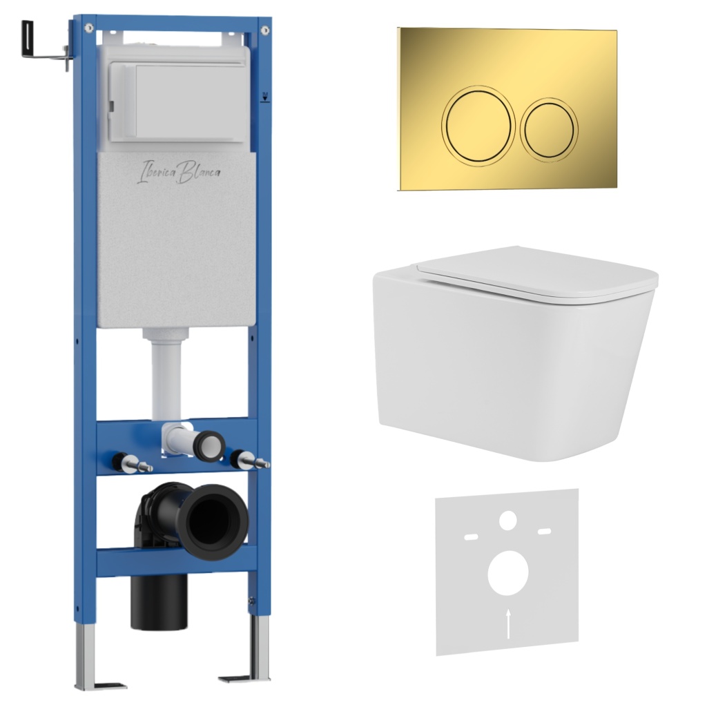 Комплект 3в1 IBERICA BLANCA инсталляция SILENCIO MINI, унитаз TOLEDO ALTO белый, кнопка смыва ESTI-O золото глянцевое (IB.001M.TLA.234.826)