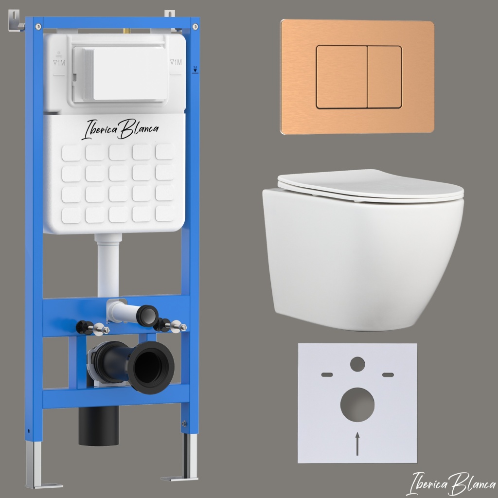 Комплект 3в1 IBERICA BLANCA инсталляция SILENCIO, унитаз BILBAO ALTO белый, кнопка смыва INOX-C розовое золото матовое (IB001.BLA.234.1172)
