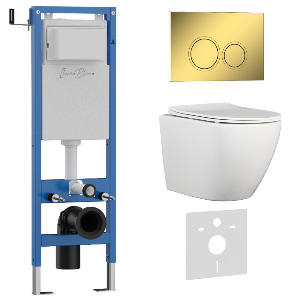 Комплект 3в1 IBERICA BLANCA инсталляция SILENCIO MINI, унитаз BILBAO ALTO белый, кнопка смыва ESTI-O золото глянцевое (IB.001M.BLA.234.826)