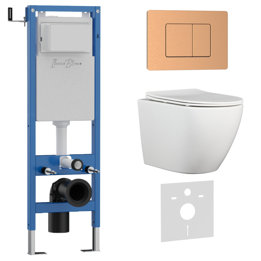 Комплект 3в1 IBERICA BLANCA инсталляция SILENCIO MINI, унитаз BILBAO ALTO белый, кнопка смыва INOX-C розовое золото матовое (IB.001M.BLA.234.1172)