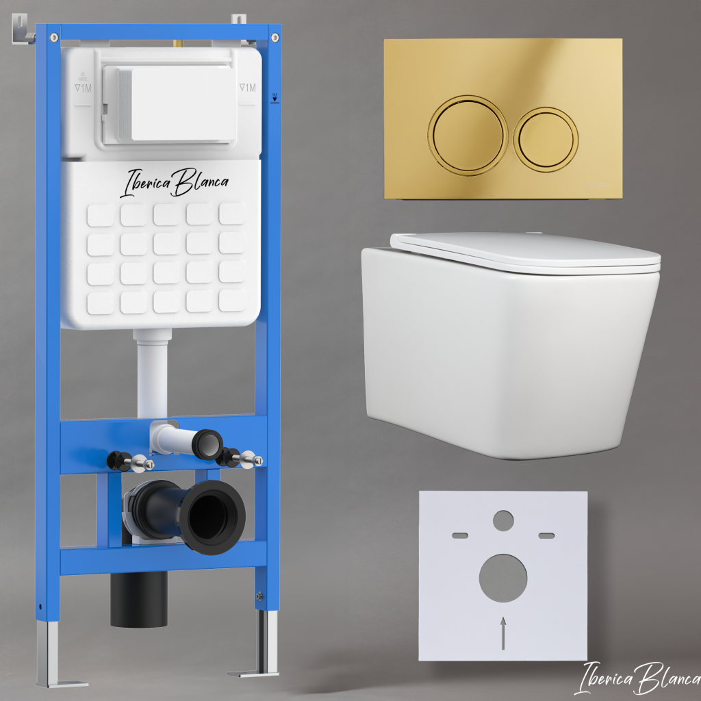 Комплект 3в1 IBERICA BLANCA инсталляция SILENCIO, унитаз TOLEDO ALTO белый, кнопка смыва ESTI-O золото глянцевое (IB001.TLA.234.826)