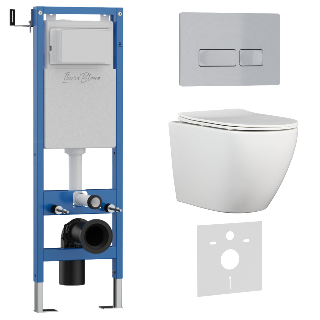 Комплект 3в1 IBERICA BLANCA инсталляция SILENCIO MINI, унитаз BILBAO ALTO белый, кнопка смыва ESTI-R хром матовый (IB.001M.BLA.234.214)