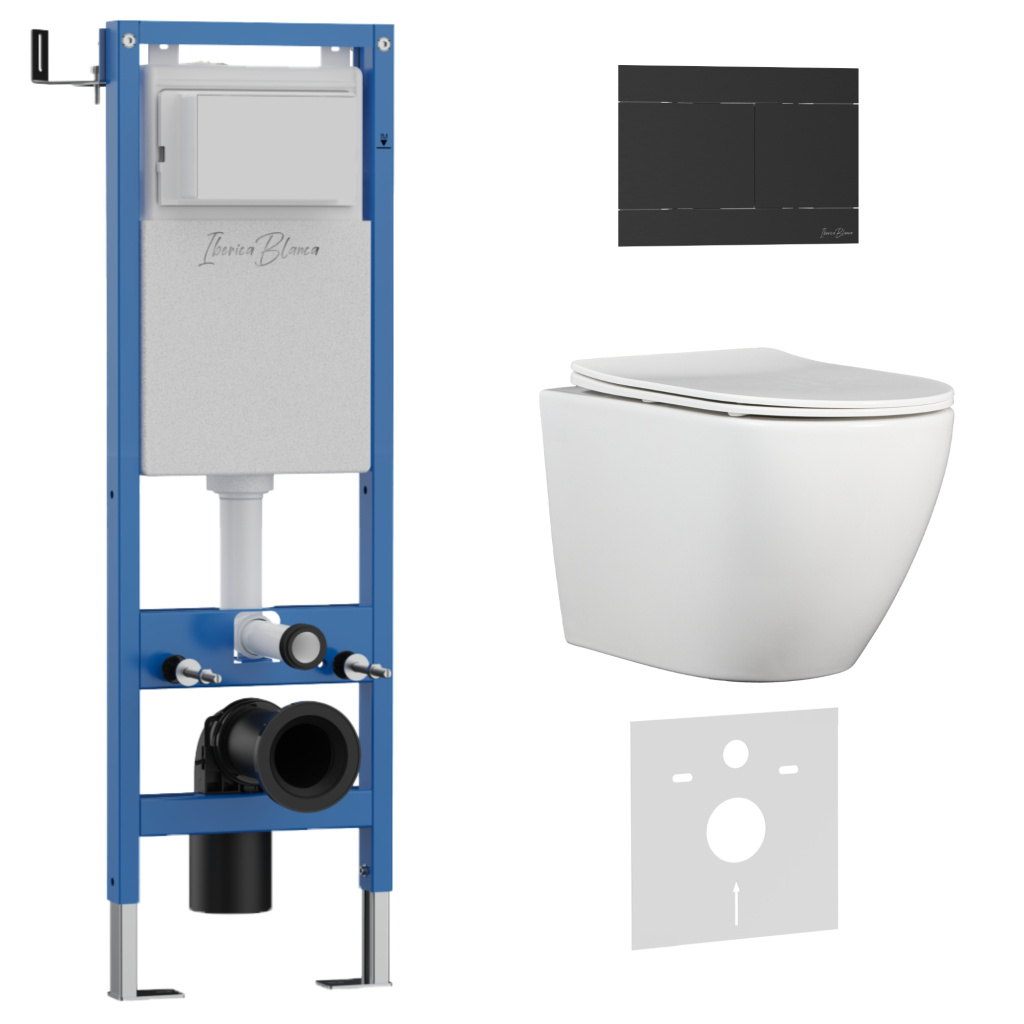 Комплект 3в1 IBERICA BLANCA инсталляция SILENCIO MINI, унитаз BILBAO ALTO белый, кнопка смыва INOX-R черный матовый (IB.001M.BLA.234.1504)