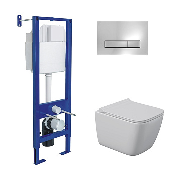 Комплект: инсталляция АТОМ Line кнопка хром глянец, унитаз QUATTRO S Rimless 49 см, сидение дюроплас