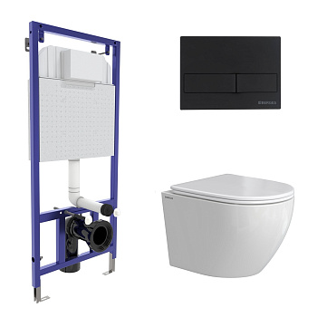 Комплект: инсталляция NOVUM кнопка L5 Soft Touch черная, унитаз OKUS Rimless 49 см, сиденье дюроплас